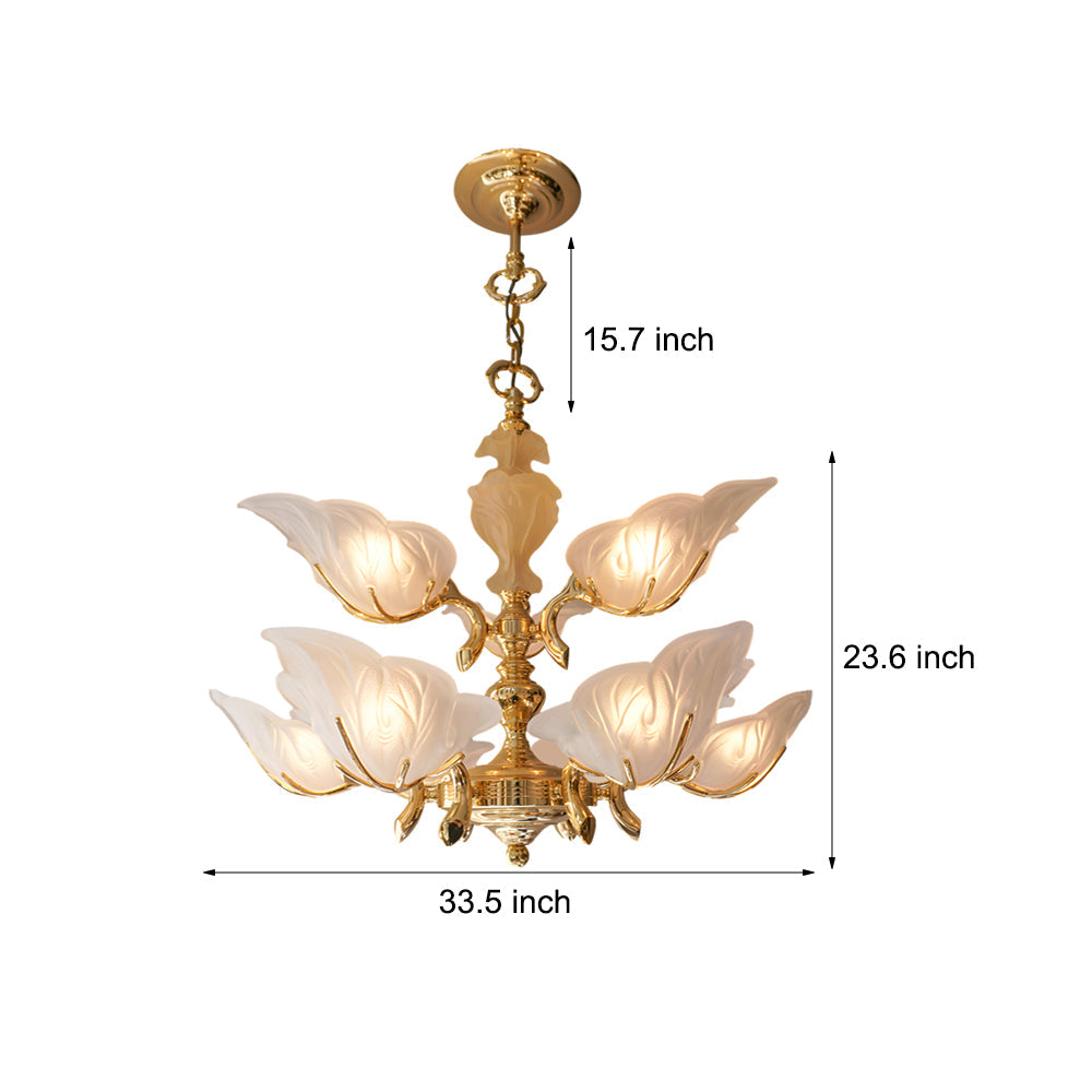 9 Light Italian Chandelier In Brass With Murano Glass Leaves