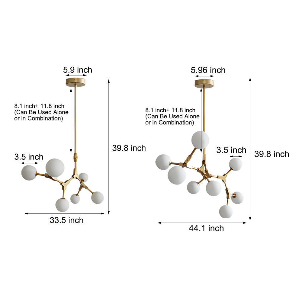 6 8 Light Gold Molecule Chandelier With White Glass Shades