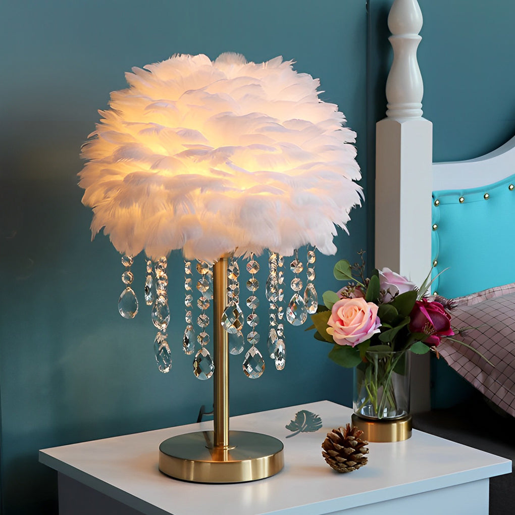 Led Feather Table Lamp With Ambient Crystal Tassels Lighting