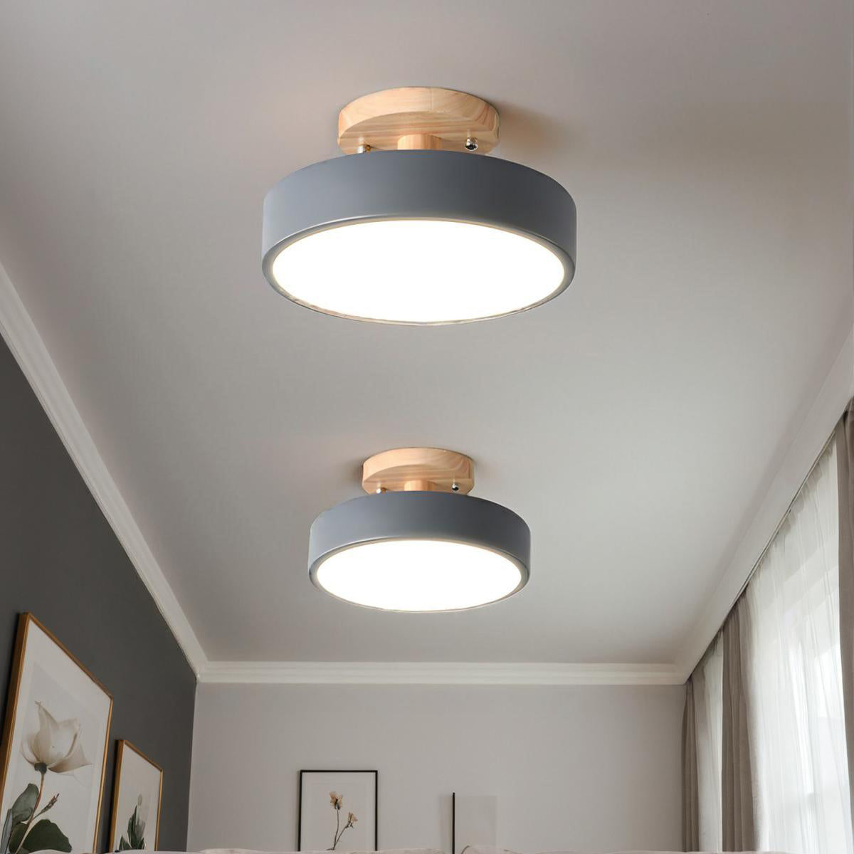 Round Semi Flush Wooden Ceiling Light