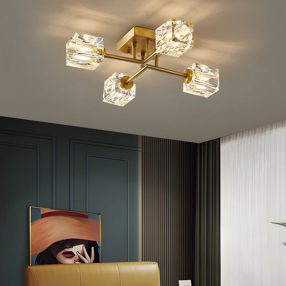 Modern Copper Crystal Cube Semi Flush Mount Light Fixture 4 6 8 Light