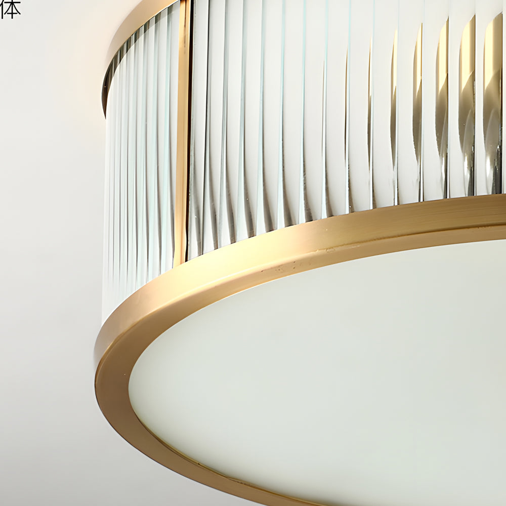 Drum Brass Flush Mount Ceiling Light Clear Ribbed Glass Lamp For Bedroom