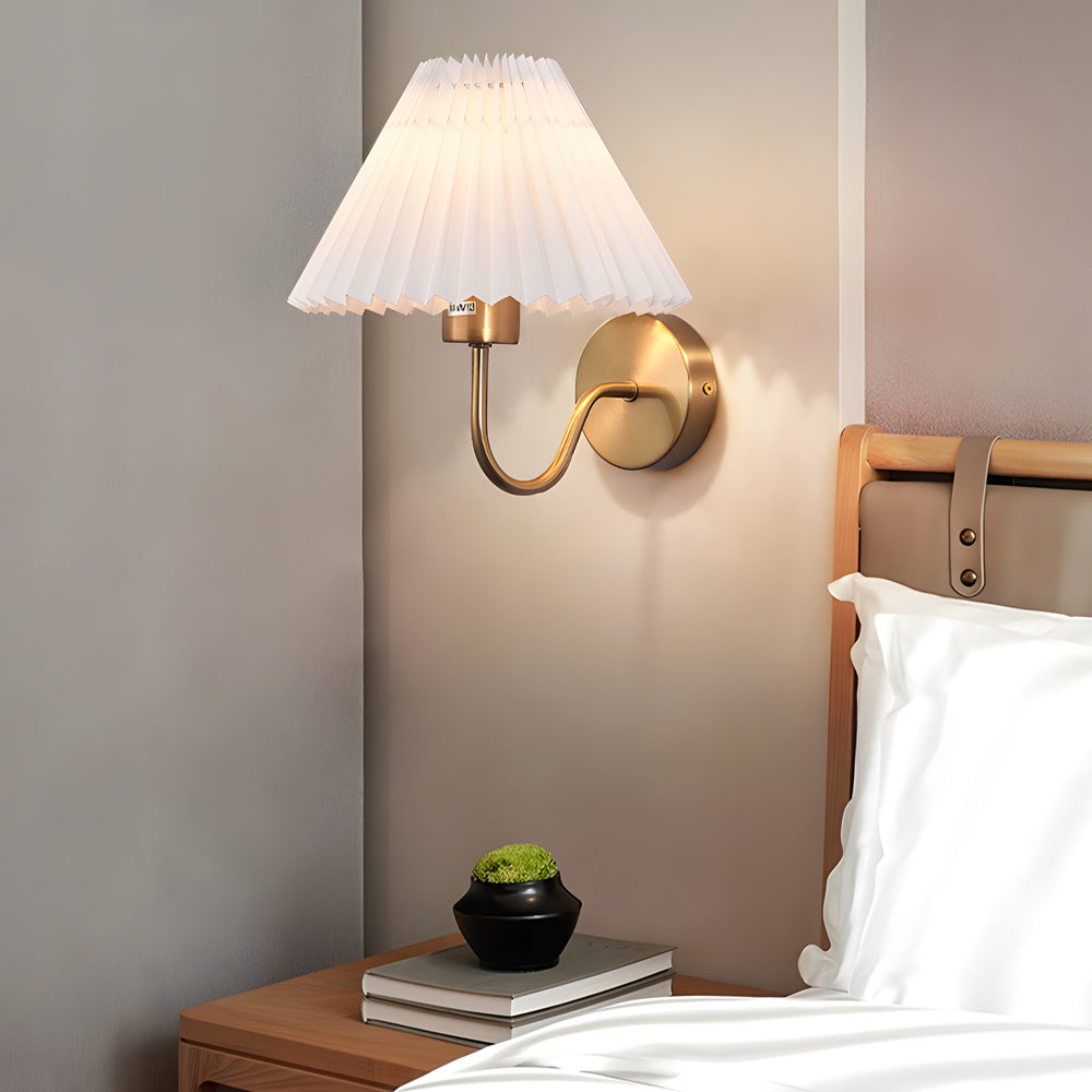 Vintage 1 Light Dimmable Metallic Armed Sconce With Pleated Fabric Shade