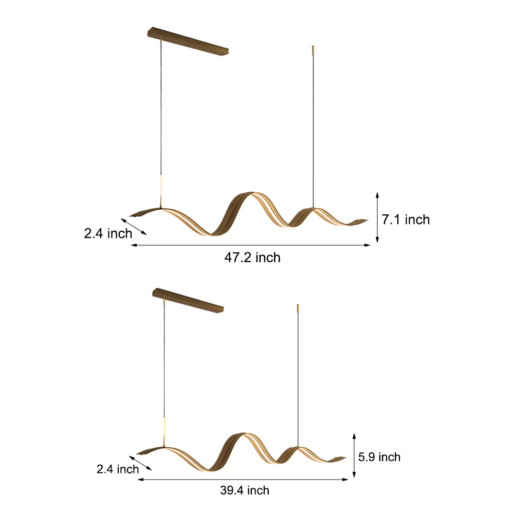 1 Light Linear Led Brass Elegant Flow Wave Pendant Light For Kitchen Island
