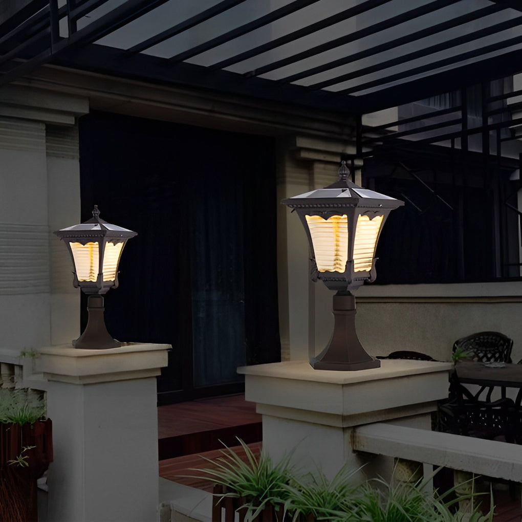 Vintage Solar LED Lawn Lamp with Ornate Top in Coffee Gold Finish