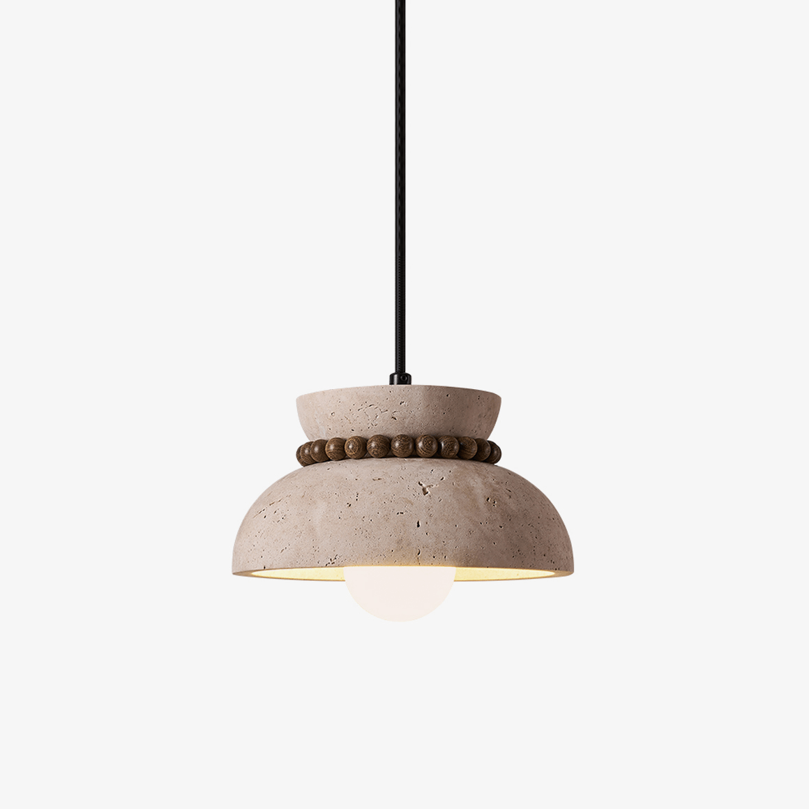 Travertine Wood Bead Pendant Light – Natural Stone Dome with Walnut Accents