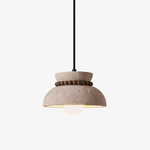 Travertine Wood Bead Pendant Light – Natural Stone Dome with Walnut Accents