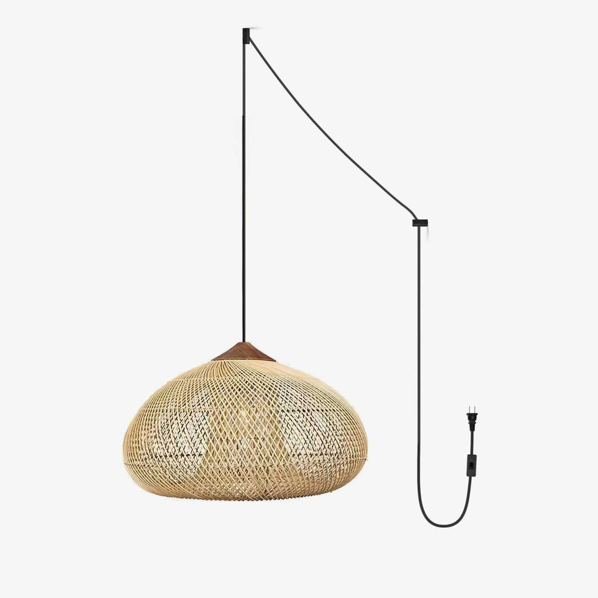 Artisan Braided Rattan Swag Pendant Light with Natural Wood Accents