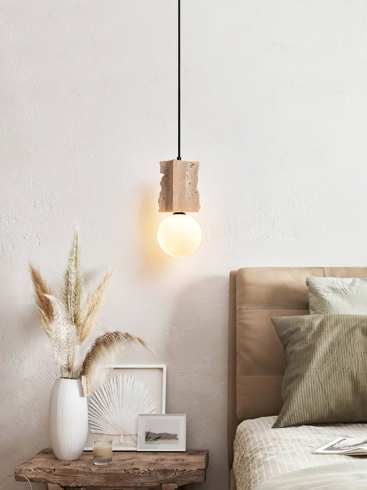 Terra Orb Pendant Light in Yellow Travertine with Opal Glass Globe