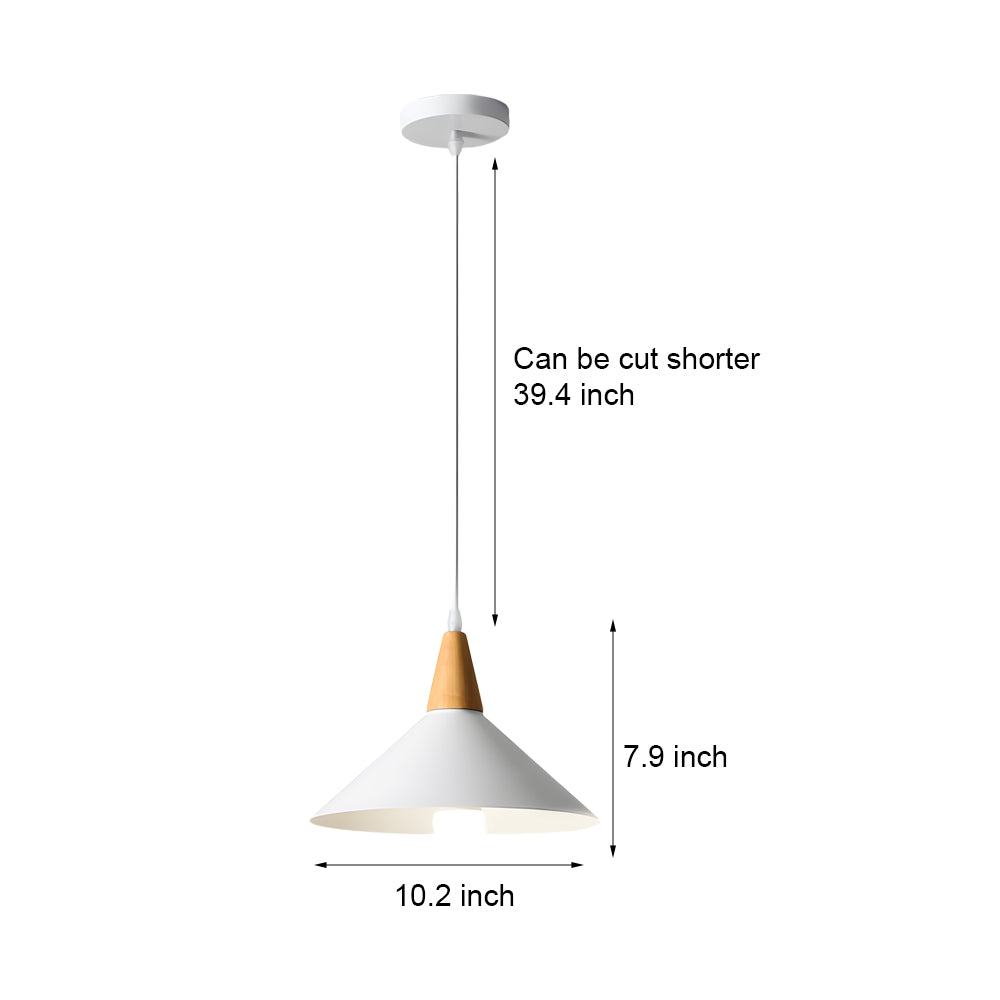 White 1 Light Nordic Metal Cone Pendant Light With Wood Top