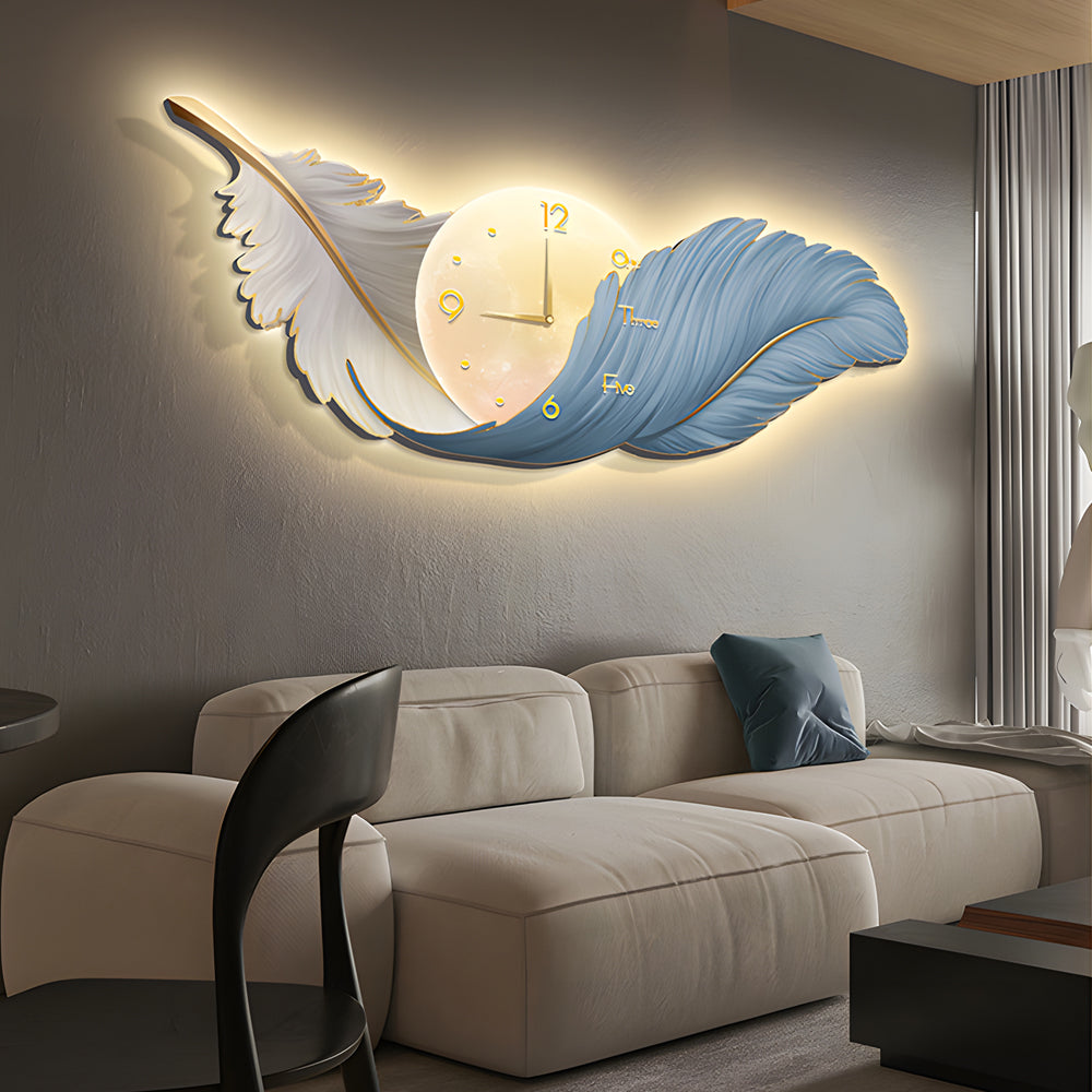 2 In 1 Wall Feather Painting Hanging Decor Led Wall Lamp Wall Clock