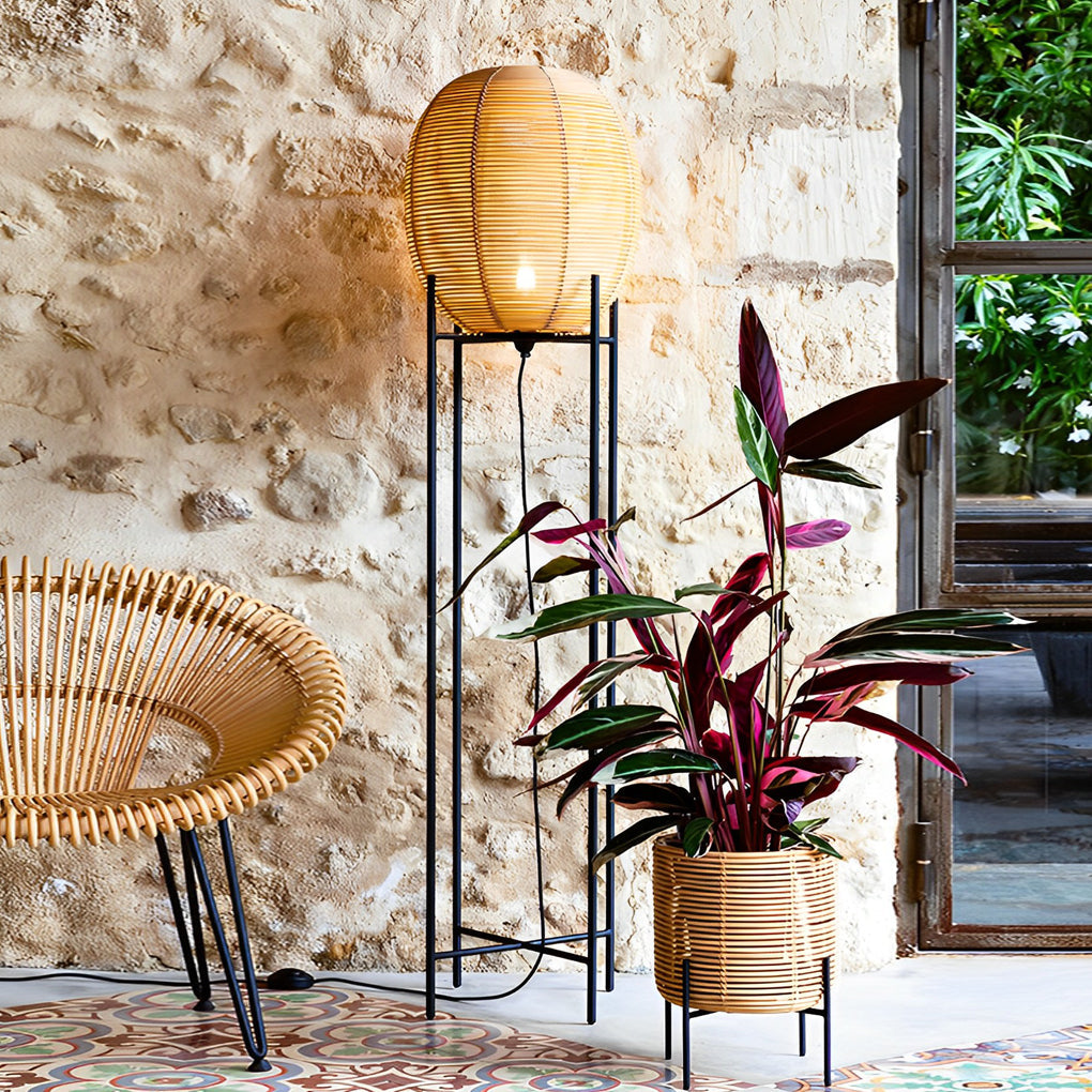Rustic Boho Rattan And Metal Frame Accent Floor Lamp