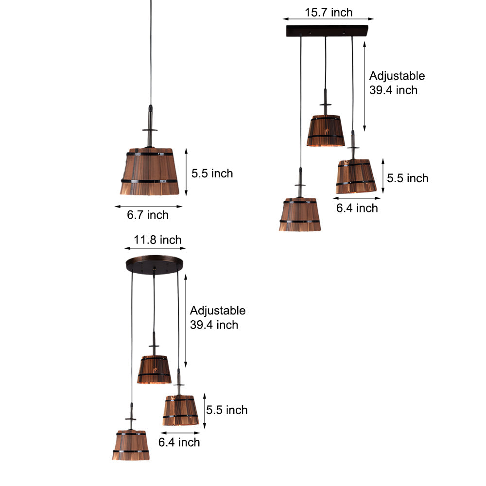 1 3 Light Rustic Wood Bucket Shade Pendant Lighting For Cafe Bar