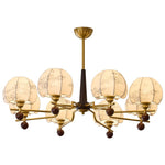 Heritage Bloom Chandelier — Walnut & Brass Pendant Light with Etched Floral Shades