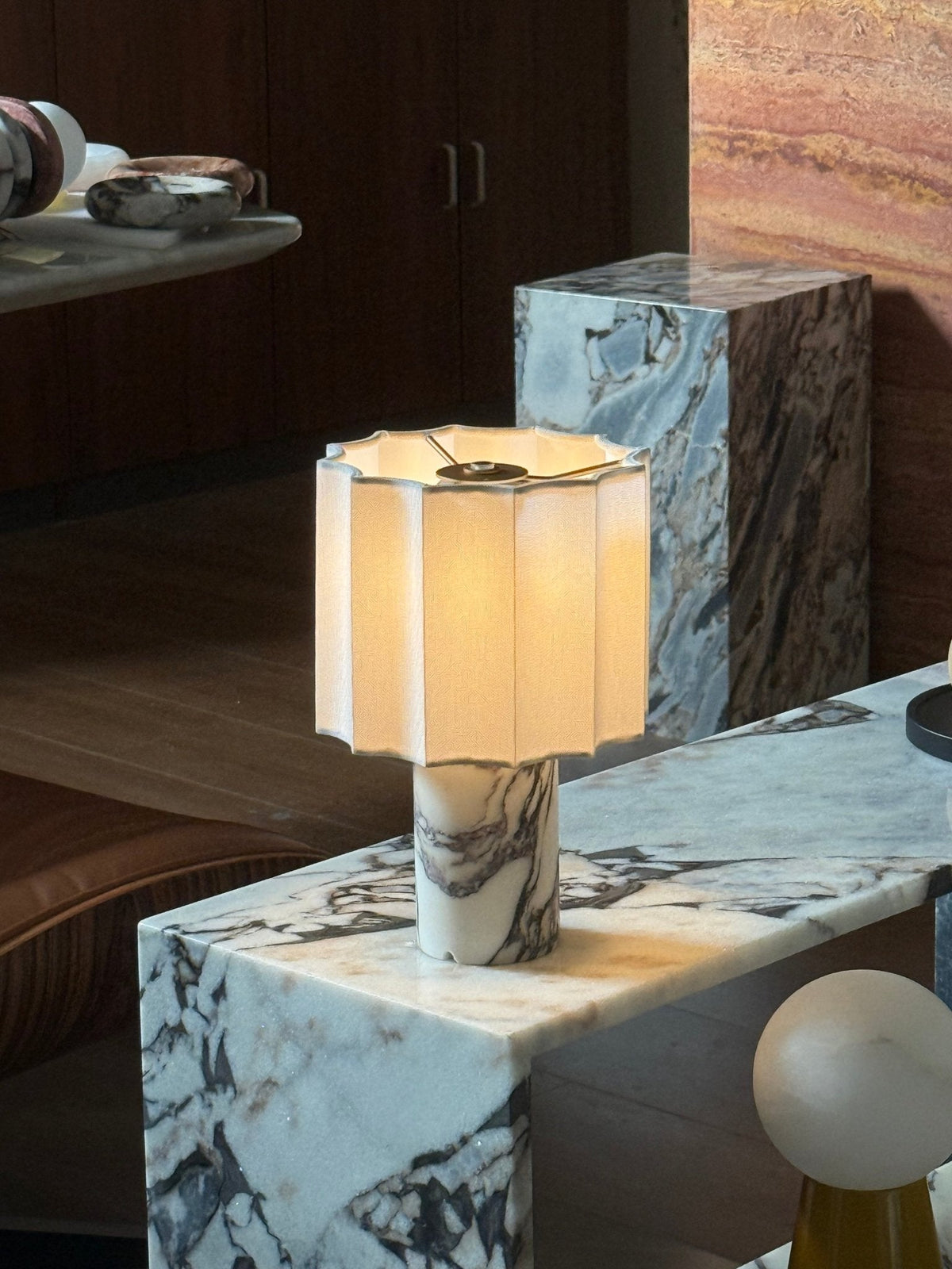 Orbis Veil Table Lamp – Sculptural Marble LED Lamp with Pleated Fabric Shade