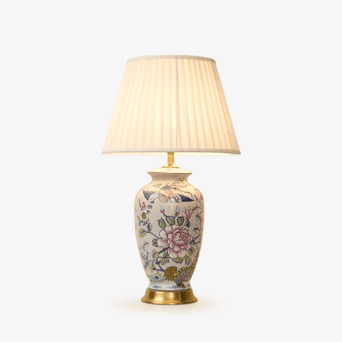 Famille Rose Porcelain Table Lamp with Pleated Fabric Shade