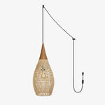 Artisan Braided Rattan Swag Pendant Light with Natural Wood Accents