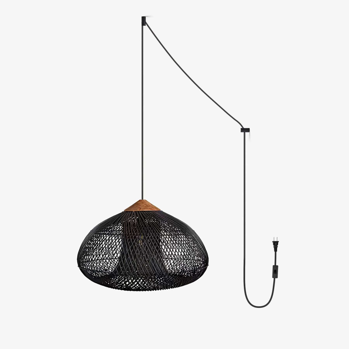 Artisan Braided Rattan Swag Pendant Light with Natural Wood Accents