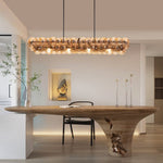 Linear Glass Disc Chandelier in Gold Frame, Modern Dining Room Lighting