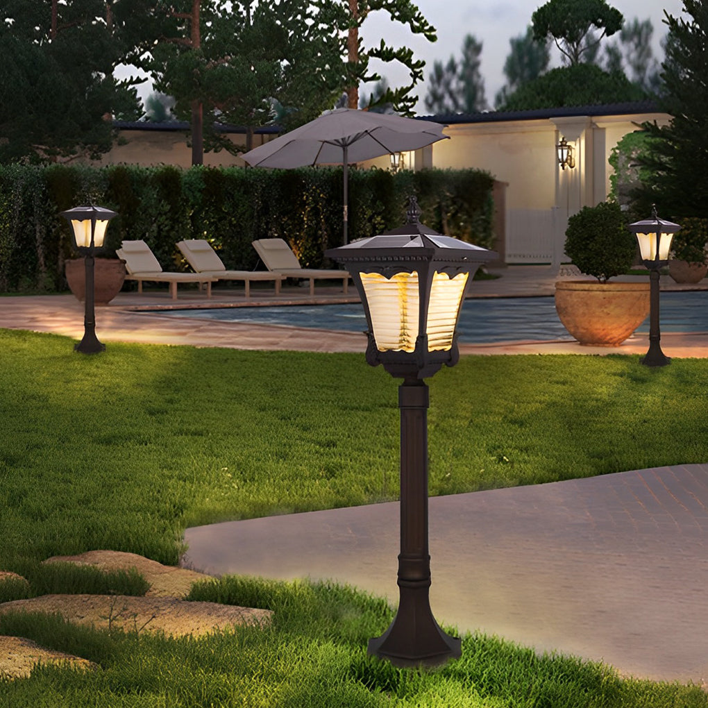 Vintage Solar LED Lawn Lamp with Ornate Top in Coffee Gold Finish