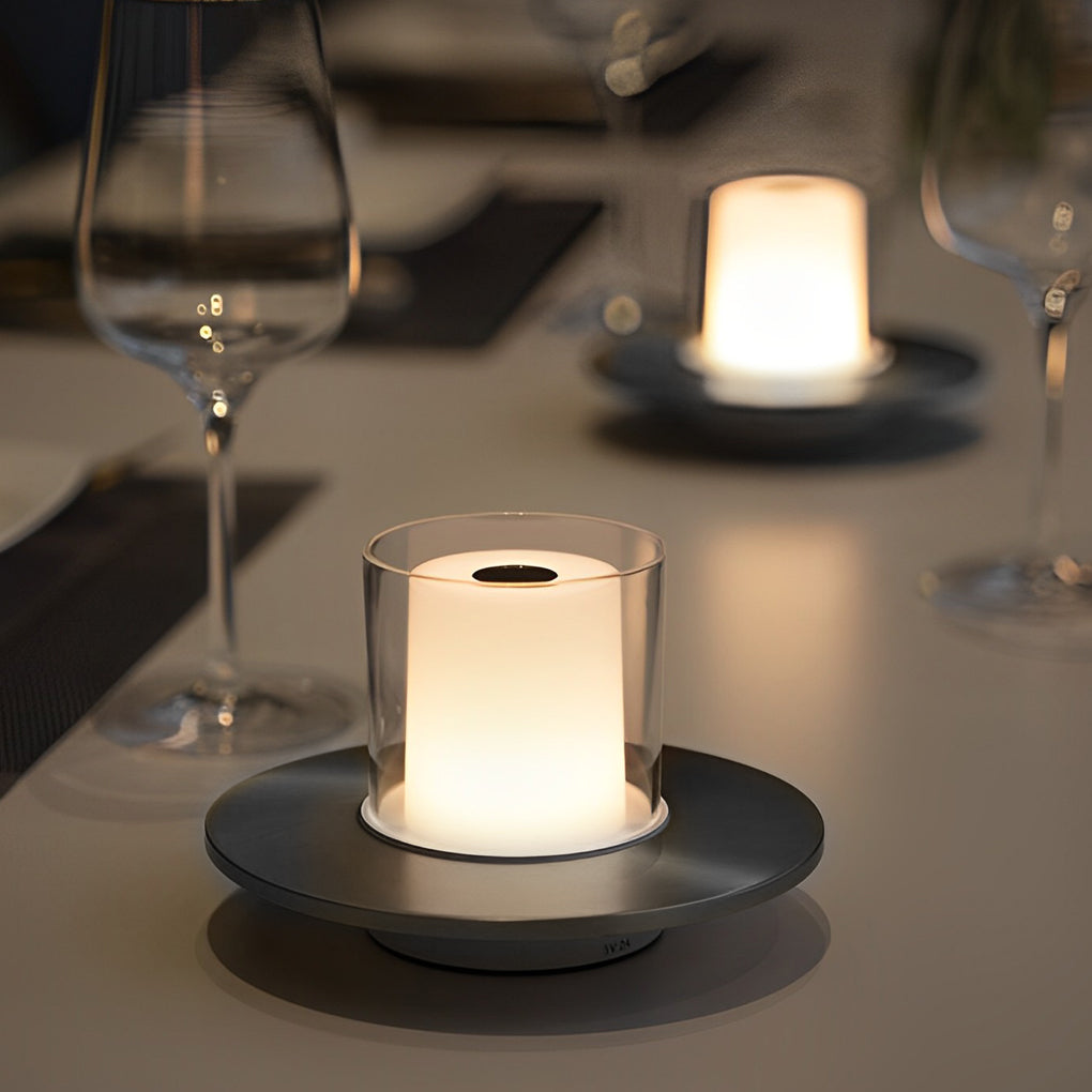 Modern Cordless Cylinder Candle Table Lamp With Dish Base