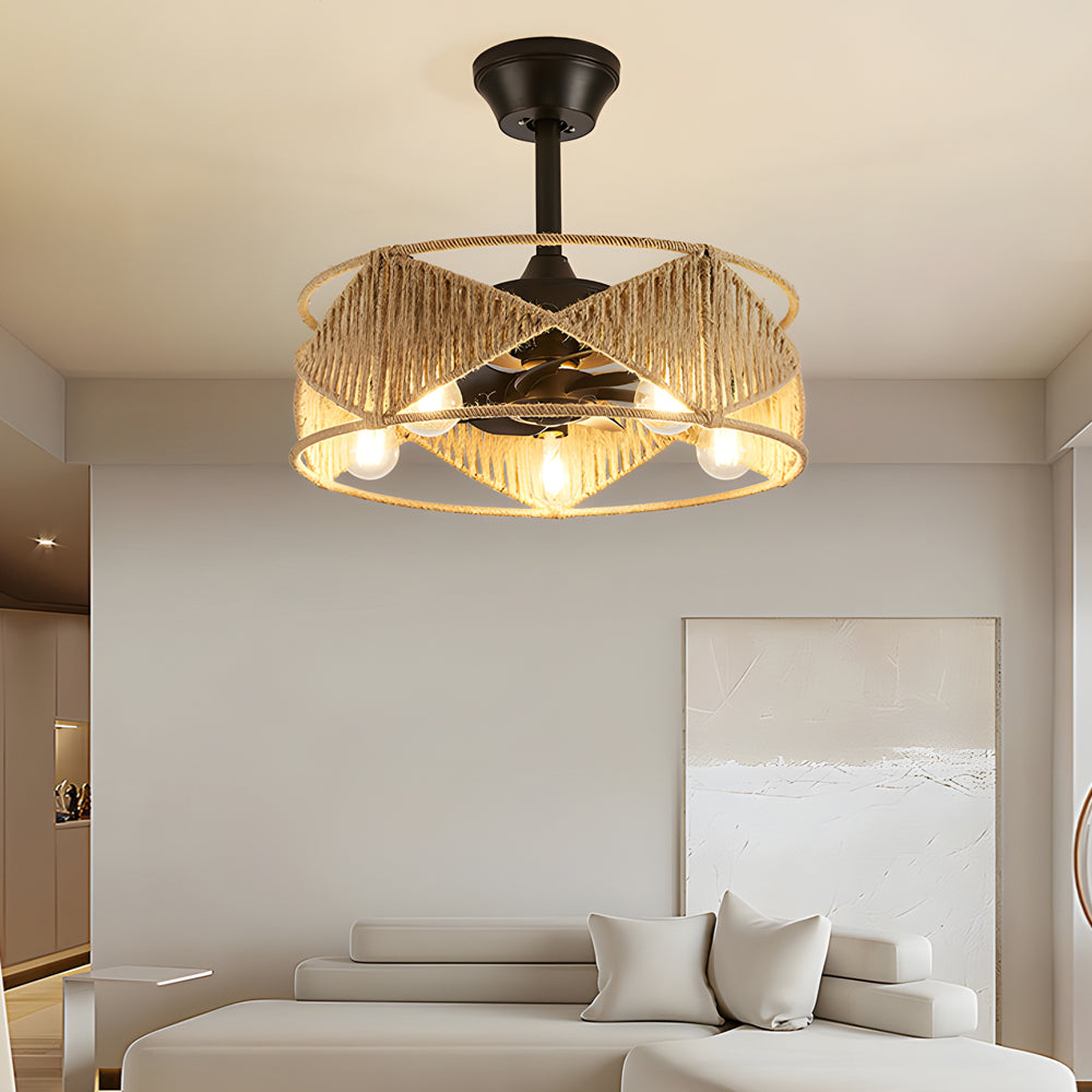 20 In Hemp Rope Woven Caged Ceiling Fan With Light And Remote 6 Speed