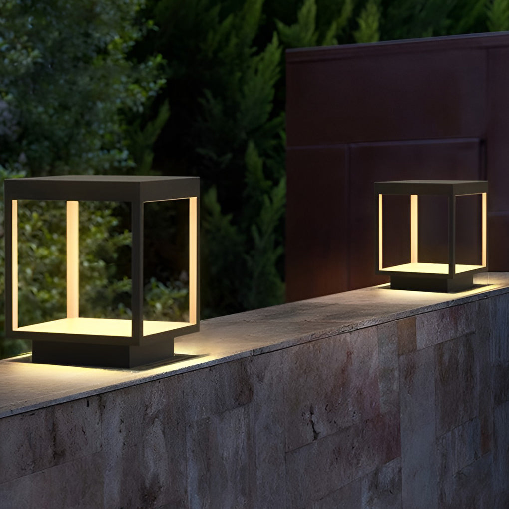 Open Frame LED Solar Post Light – Modern Square Pier-Mounted Outdoor Lantern