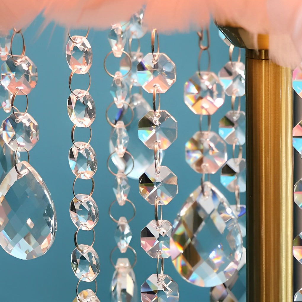 Led Feather Table Lamp With Ambient Crystal Tassels Lighting