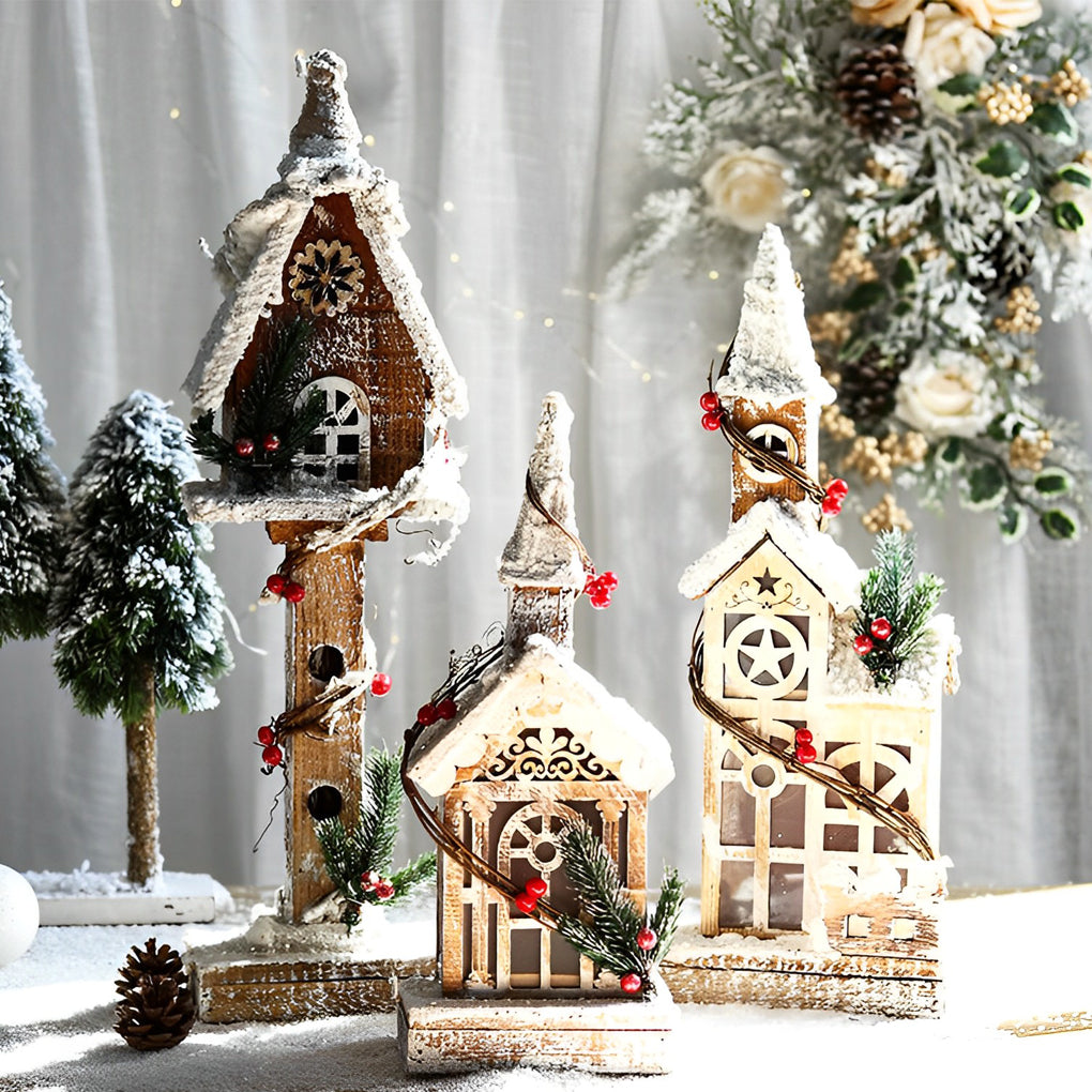 Artisan Wooden Christmas Village Houses with Warm Glow