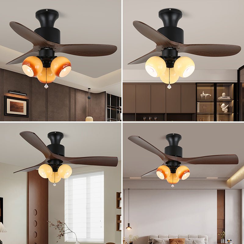 AmberGlo Retro Ceiling Fan Light with Walnut Blades and Amber Glass Shades