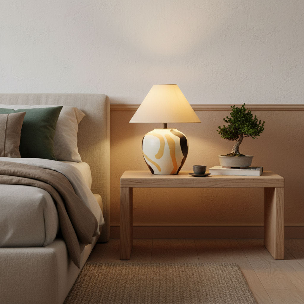 Artisan Ceramic Table Lamp with Abstract Terracotta Pattern and Beige Linen Shade