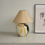 Artisan Ceramic Table Lamp with Abstract Terracotta Pattern and Beige Linen Shade