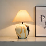 Artisan Ceramic Table Lamp with Abstract Terracotta Pattern and Beige Linen Shade