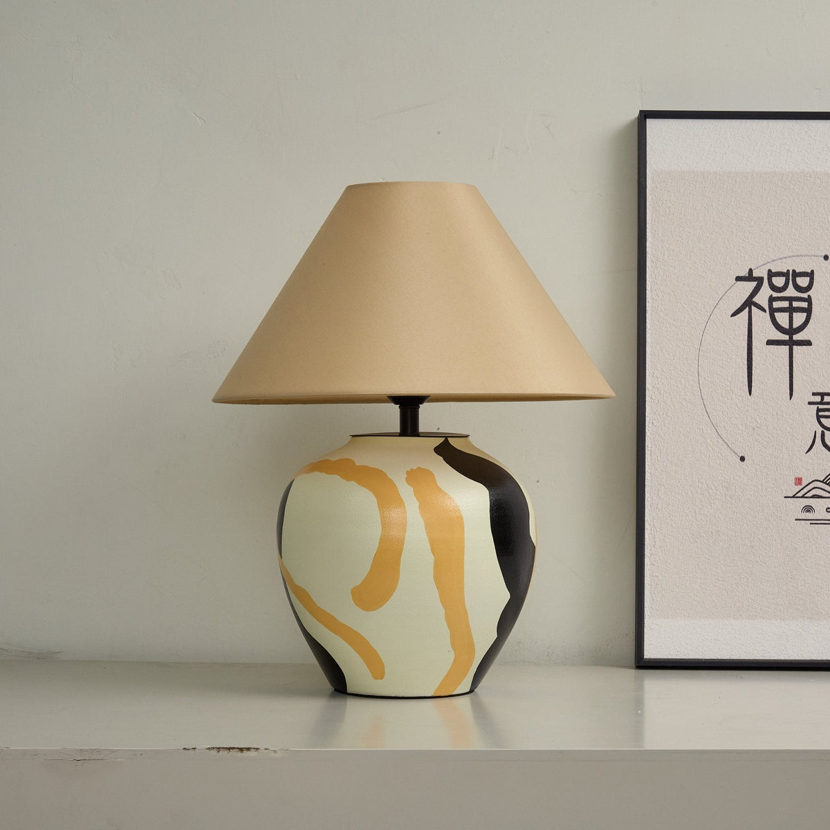 Artisan Ceramic Table Lamp with Abstract Terracotta Pattern and Beige Linen Shade