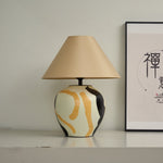 Artisan Ceramic Table Lamp with Abstract Terracotta Pattern and Beige Linen Shade