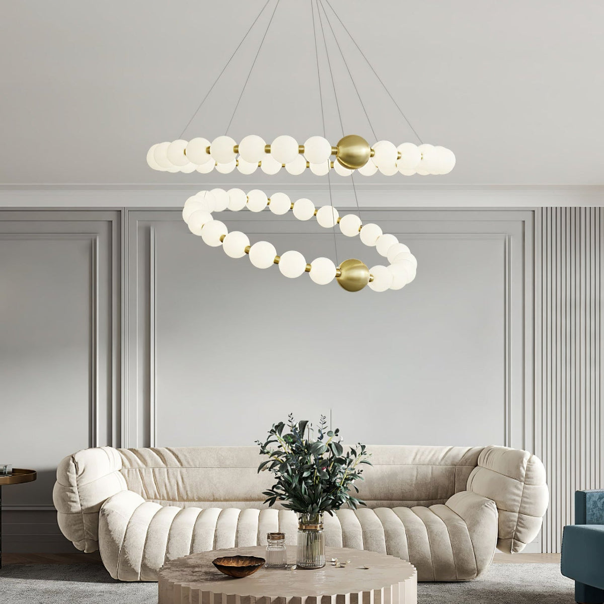 Acrylic Pearl Chandelier in Brass – Modern LED Pendant for Dining Room and Living Room