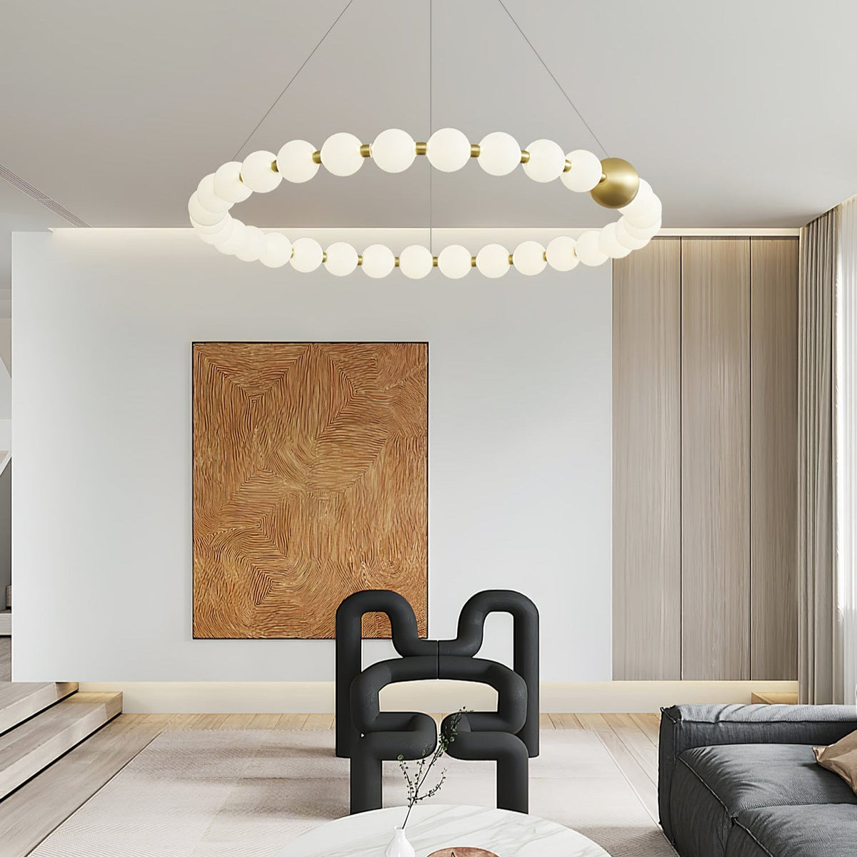 Acrylic Pearl Chandelier in Brass – Modern LED Pendant for Dining Room and Living Room