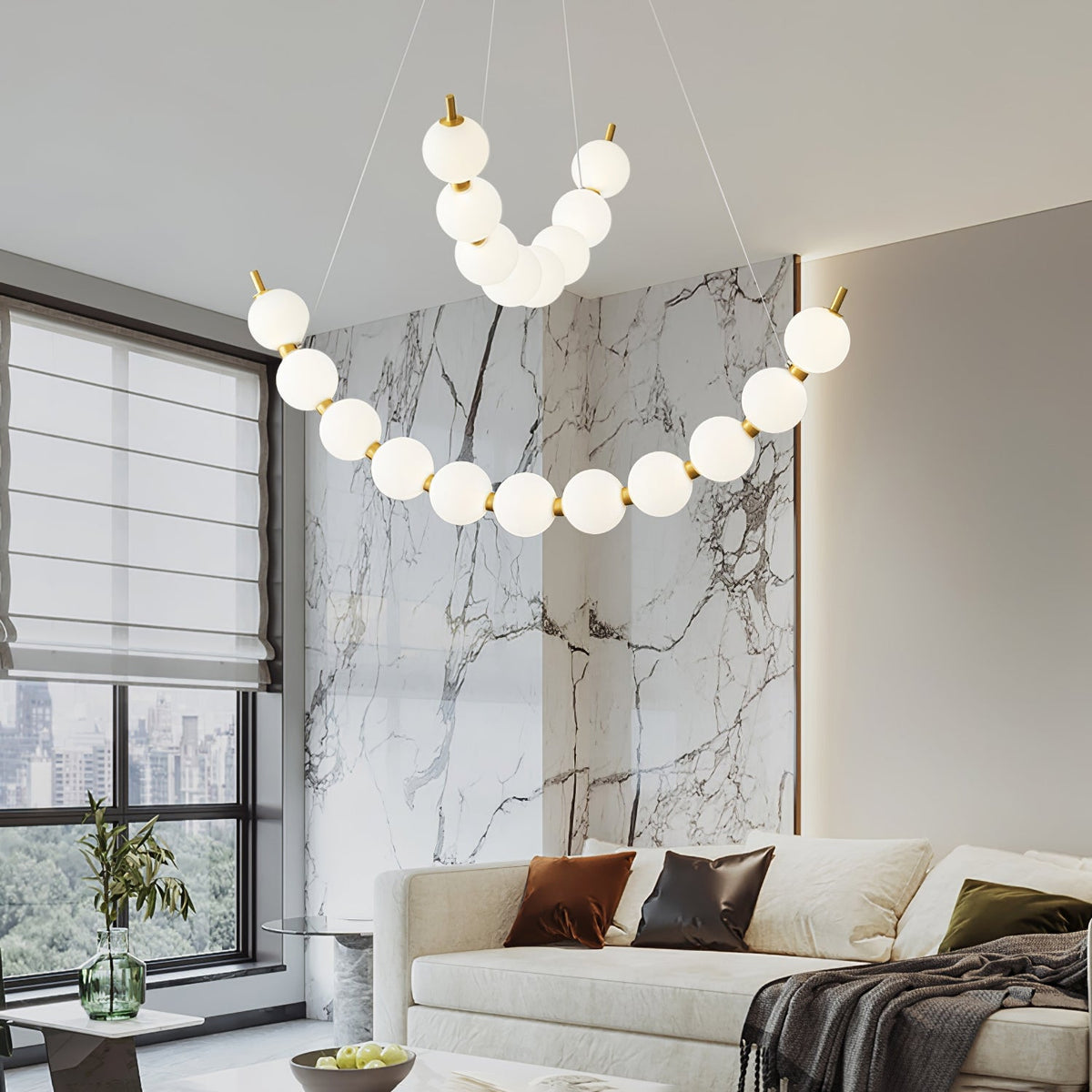 Acrylic Pearl Chandelier in Brass – Modern LED Pendant for Dining Room and Living Room