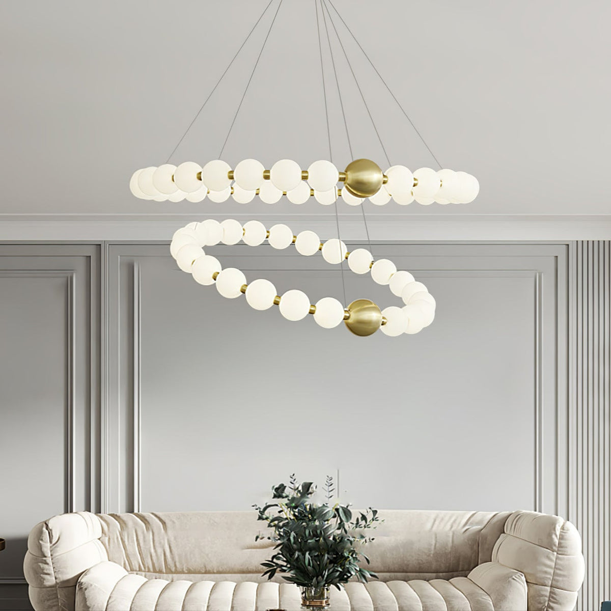 Acrylic Pearl Chandelier in Brass – Modern LED Pendant for Dining Room and Living Room