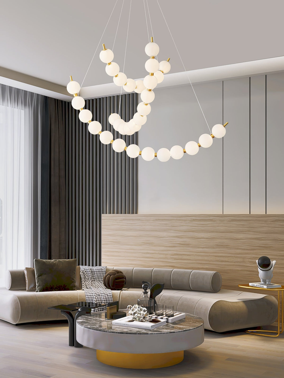 Acrylic Pearl Chandelier in Brass – Modern LED Pendant for Dining Room and Living Room