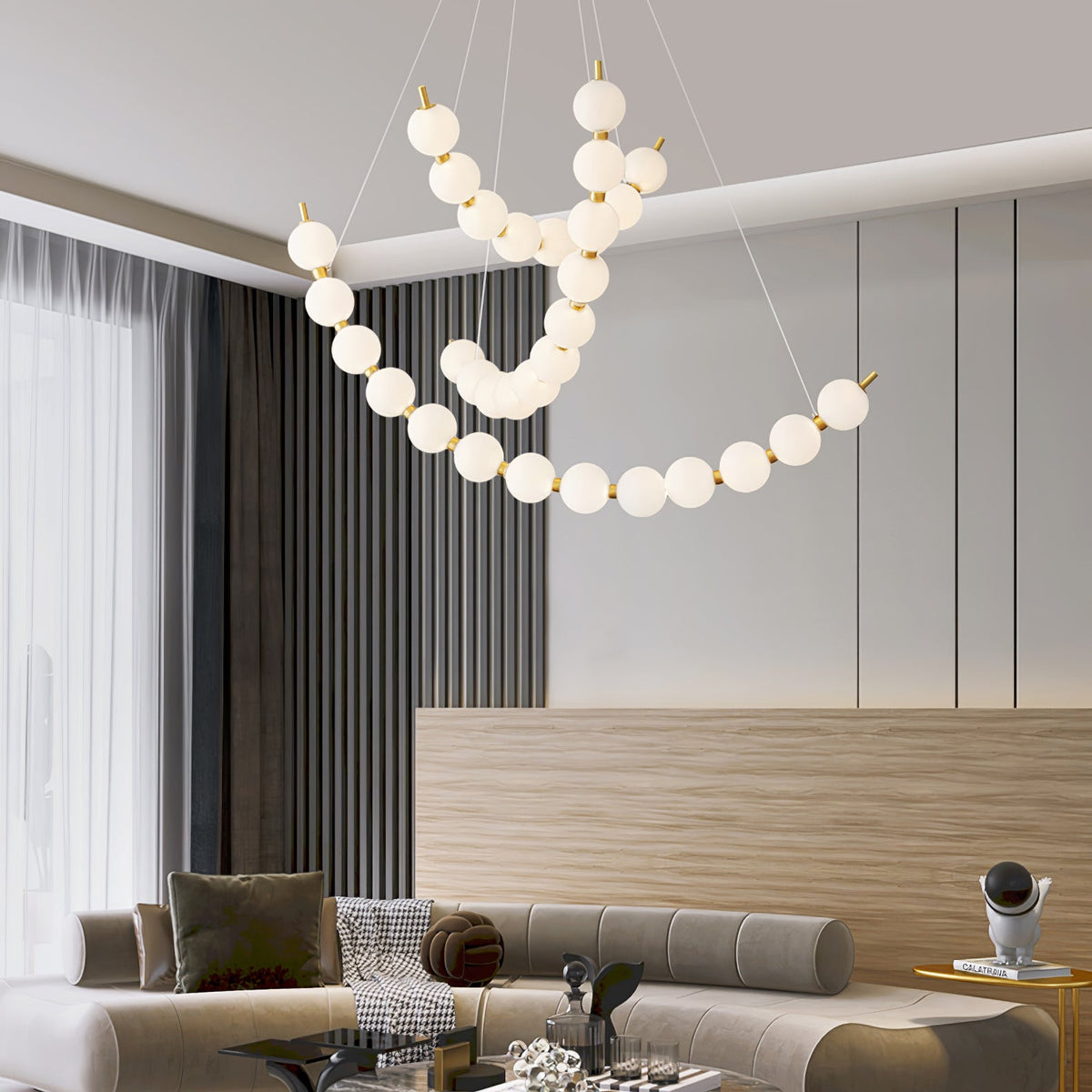 Acrylic Pearl Chandelier in Brass – Modern LED Pendant for Dining Room and Living Room