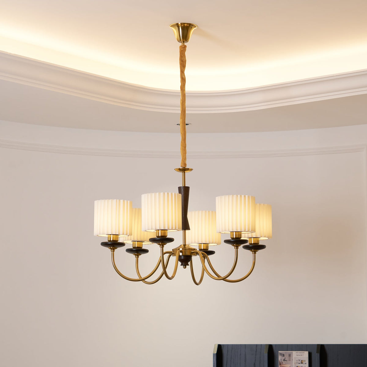 Acurt Chandelier — Walnut & Copper Pleated Pendant Light