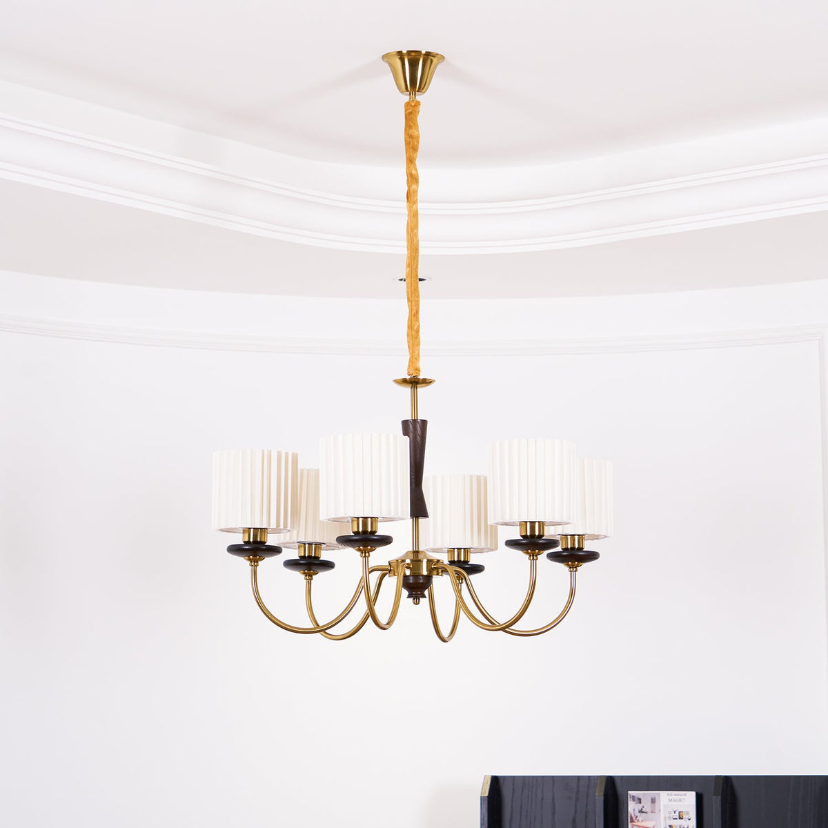 Acurt Chandelier — Walnut & Copper Pleated Pendant Light