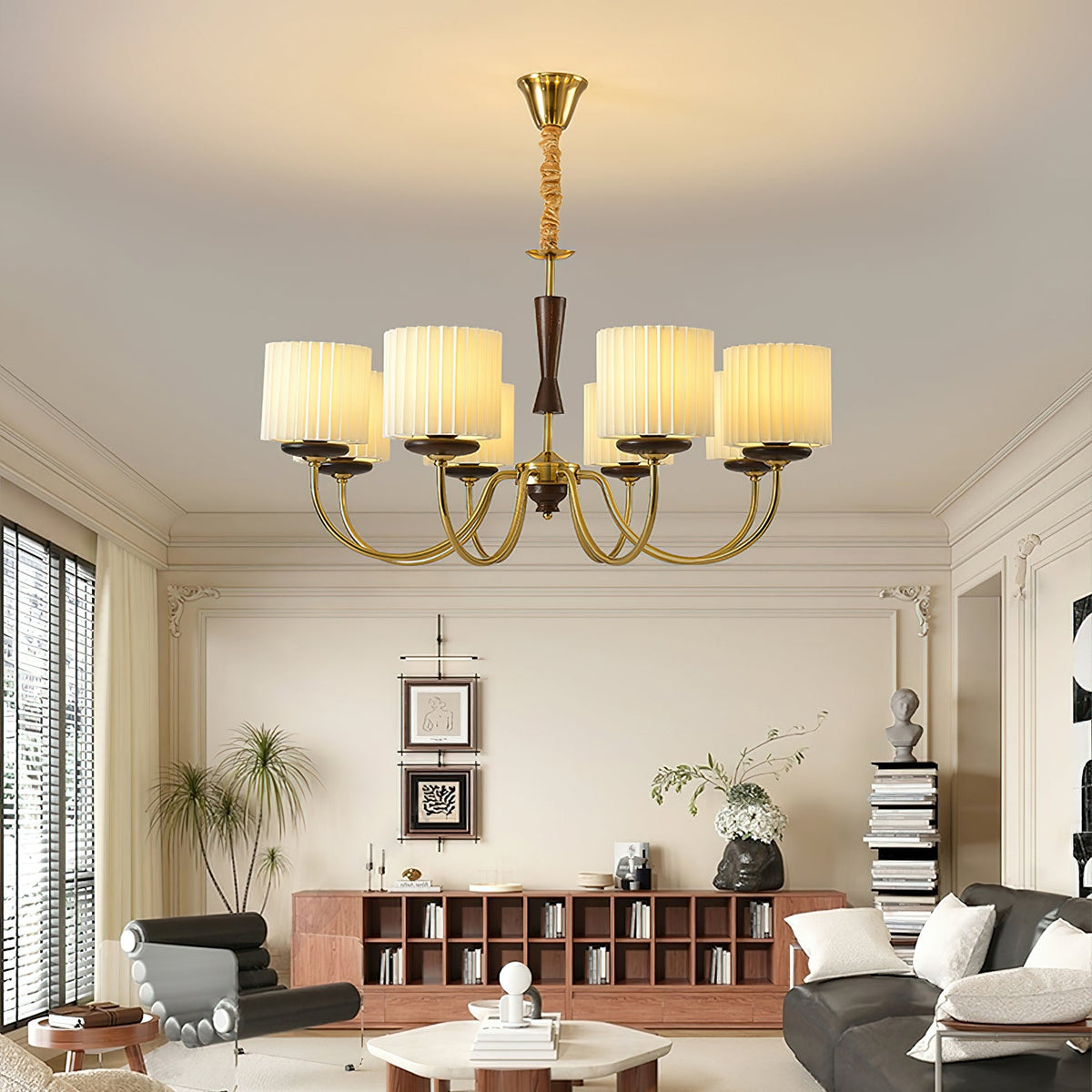 Acurt Chandelier — Walnut & Copper Pleated Pendant Light