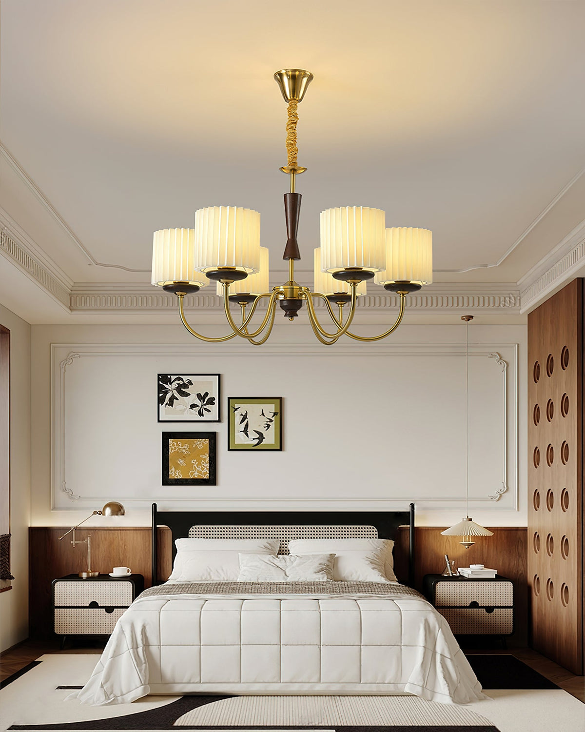 Acurt Chandelier — Walnut & Copper Pleated Pendant Light