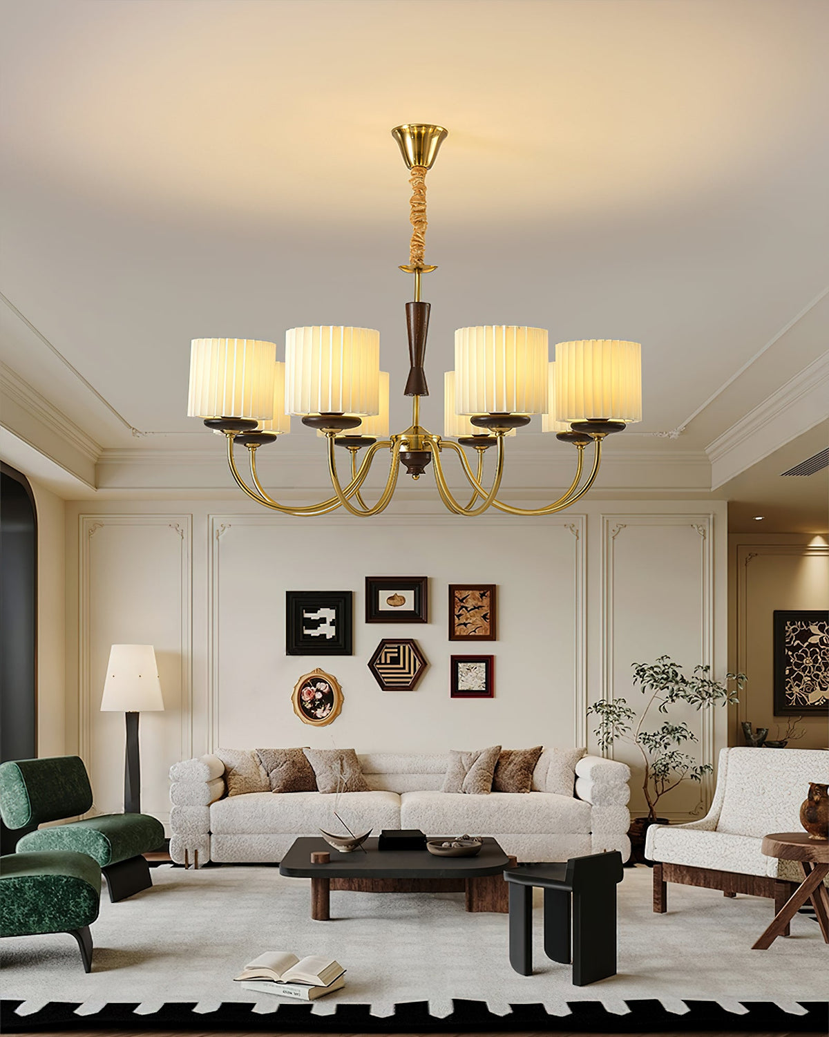 Acurt Chandelier — Walnut & Copper Pleated Pendant Light