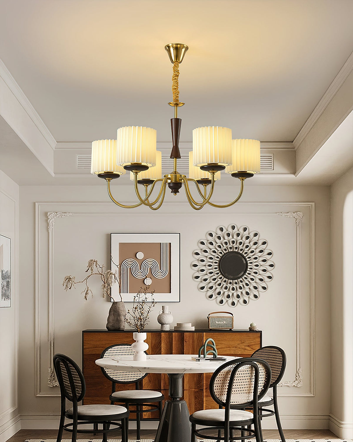 Acurt Chandelier — Walnut & Copper Pleated Pendant Light