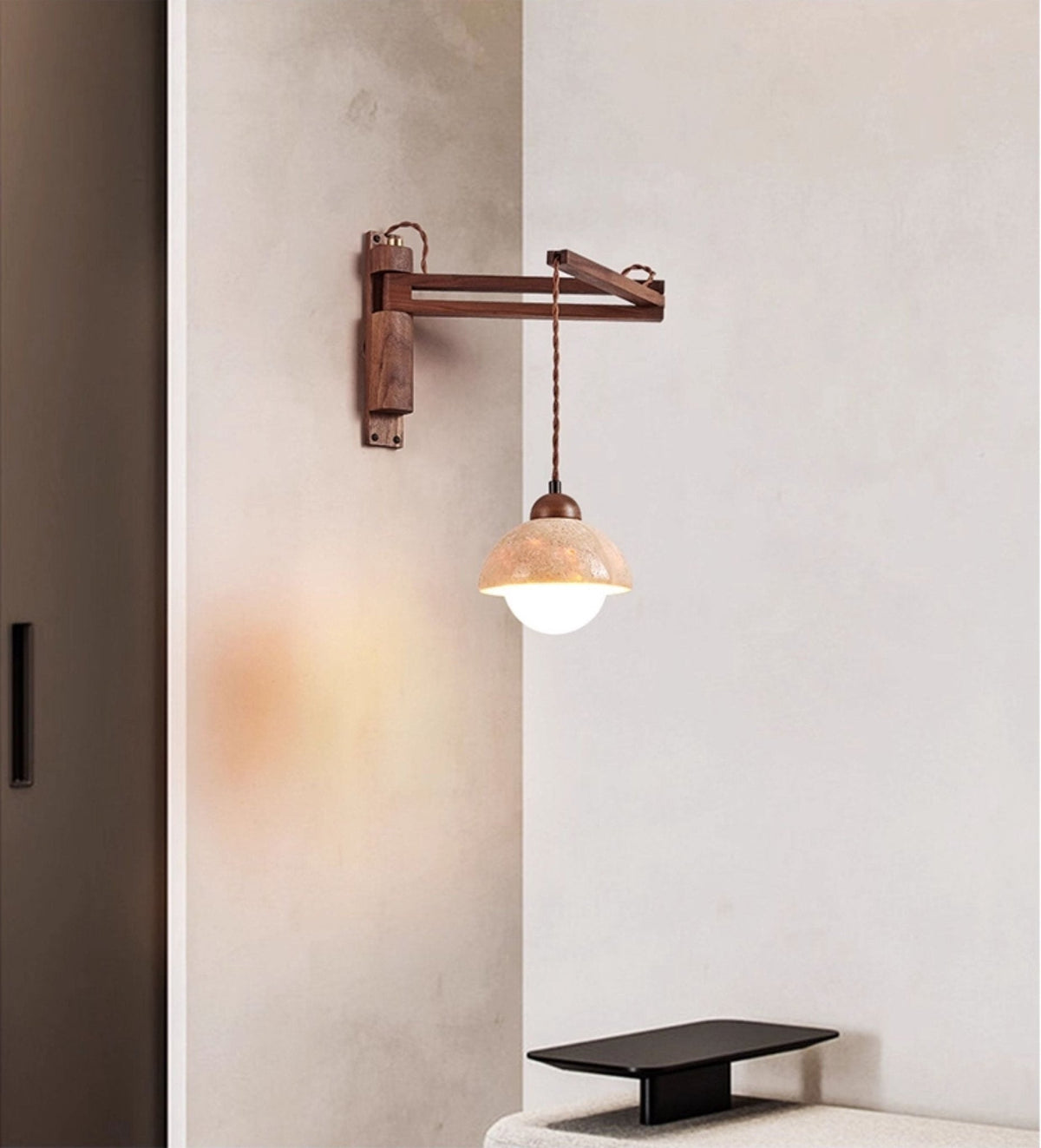 Travertine Dome Wall Sconce with Adjustable Walnut Arm