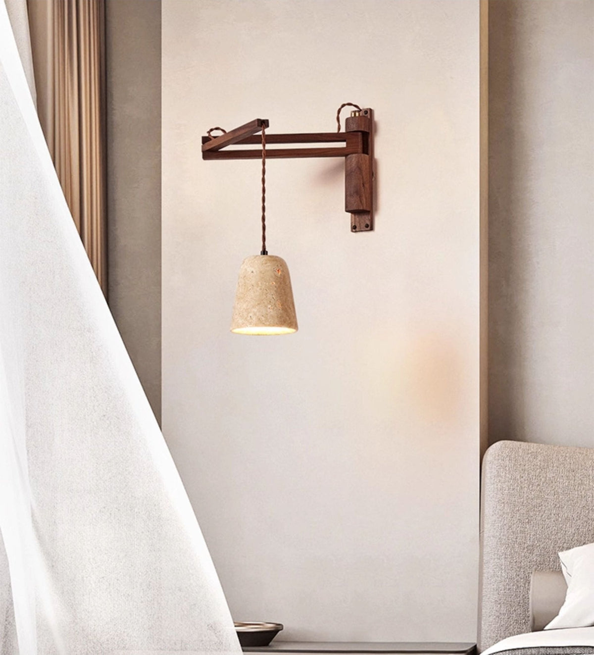 Travertine Dome Wall Sconce with Adjustable Walnut Arm