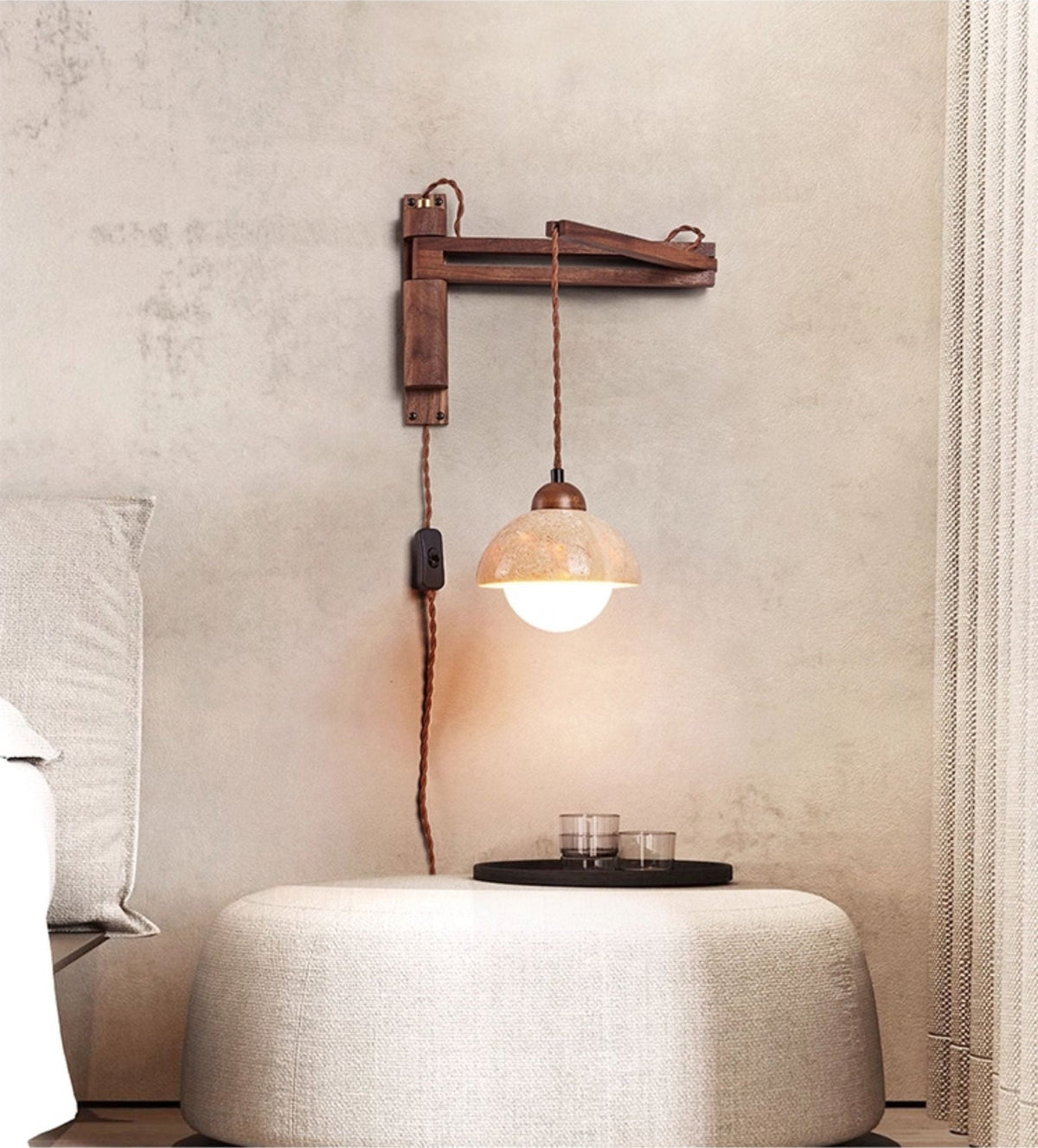 Travertine Dome Wall Sconce with Adjustable Walnut Arm